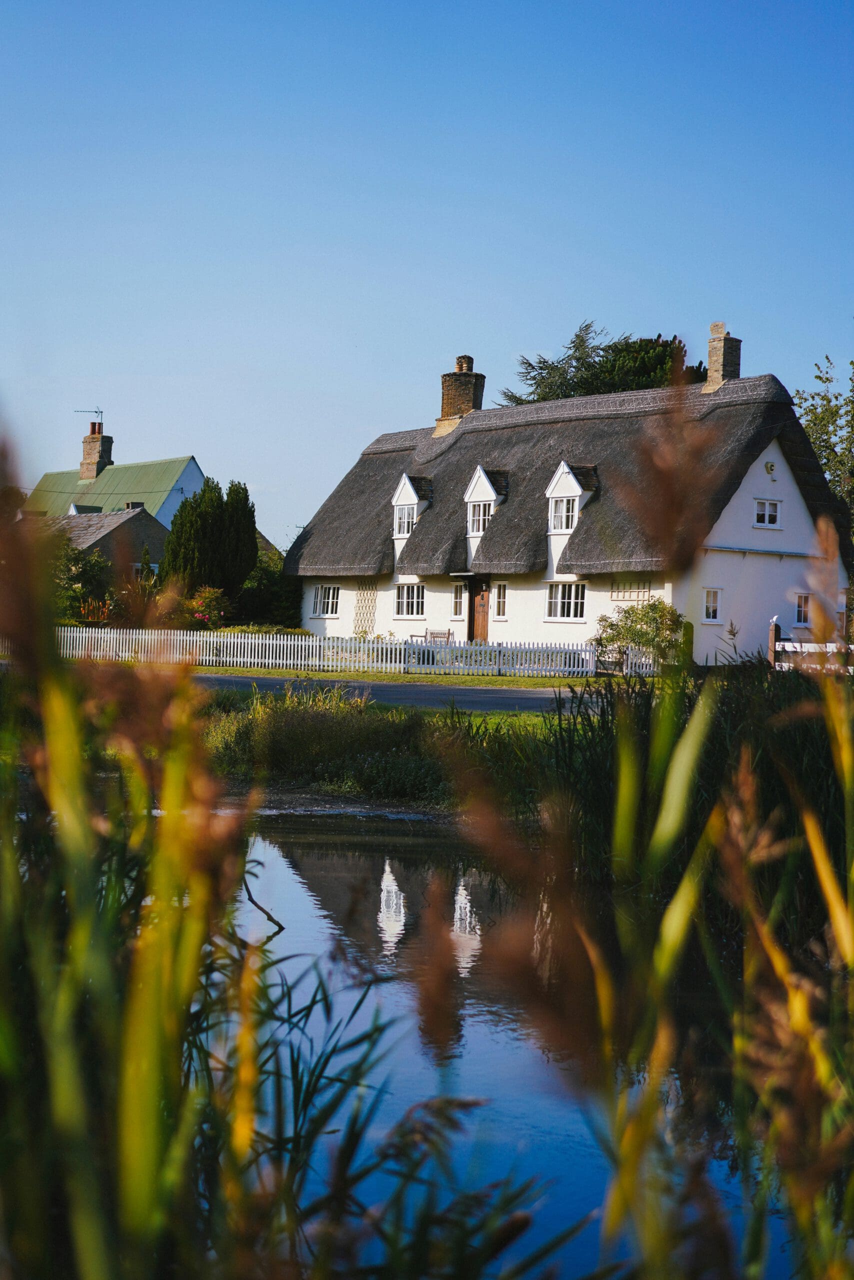 A charming white cottage with a thatched roof sits near a pond, reflected in the water. The cottage has multiple chimneys and is surrounded by greenery, with tall reeds in the foreground and a clear, blue sky overhead.