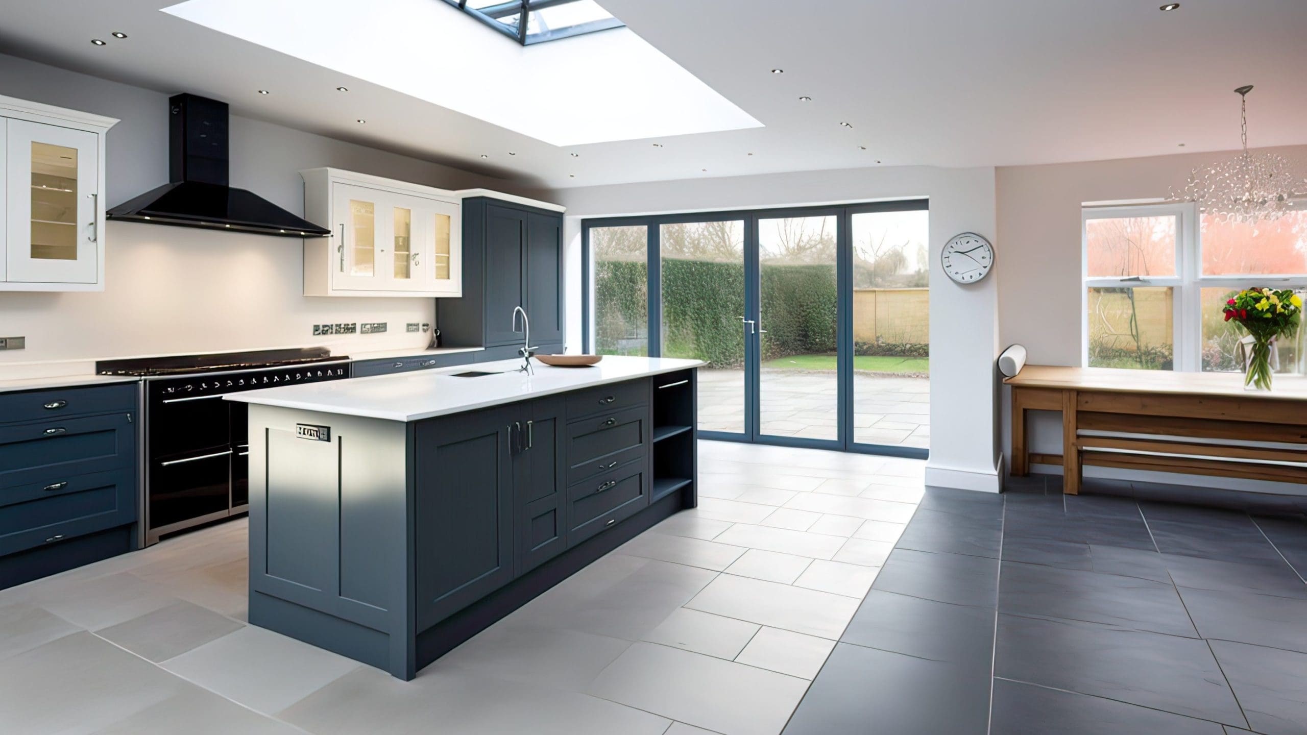 Modern kitchen featuring a large island with dark cabinetry, a built-in oven, and a stovetop with an overhead range hood. Two sets of glass doors lead to the outside. The space is well-lit by a skylight and a chandelier above a wooden dining table.