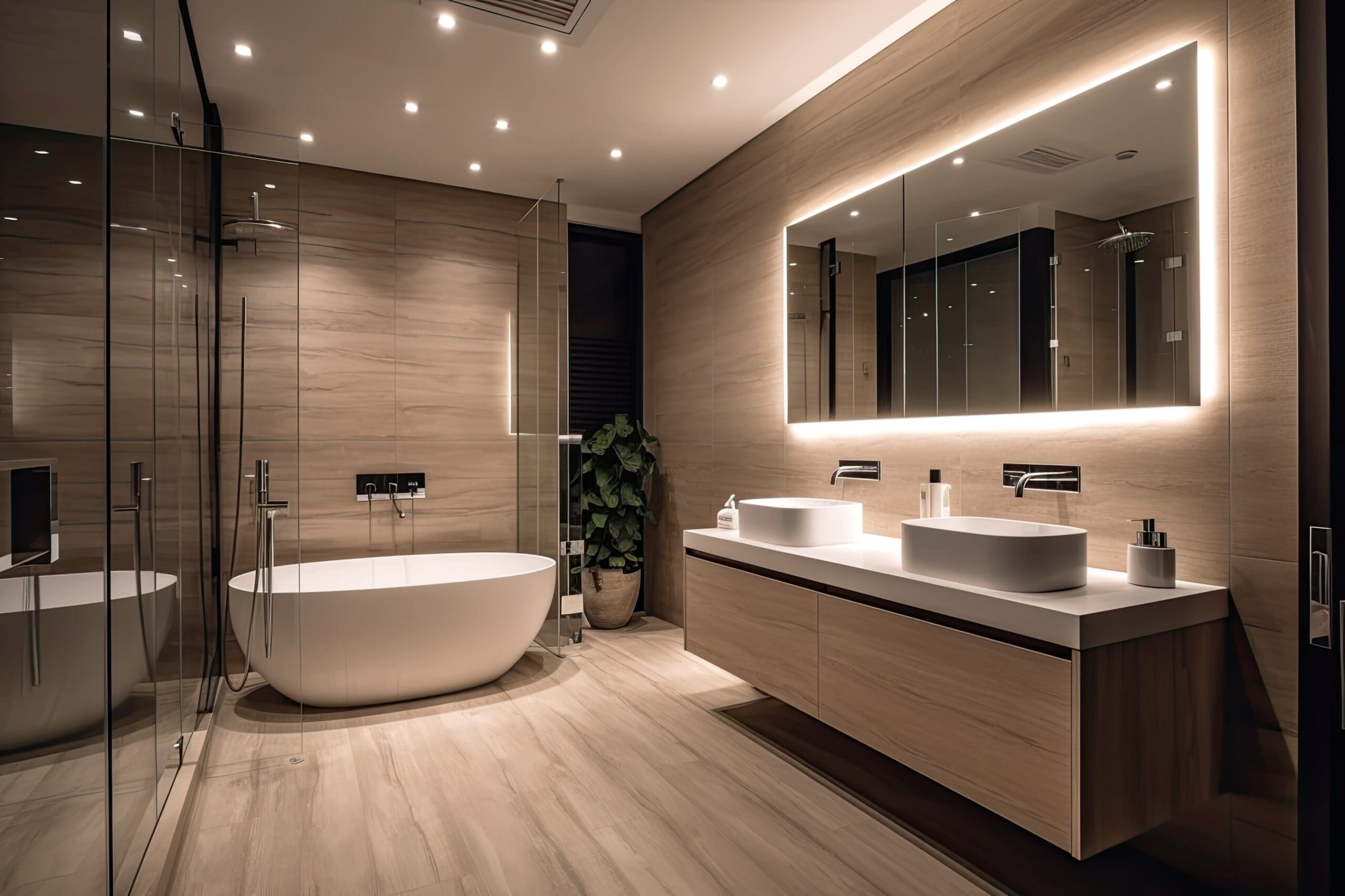 A modern bathroom featuring a large freestanding bathtub, a double sink vanity with a backlit mirror, wood-paneled walls and floor, recessed ceiling lights, and glass-enclosed shower. A potted plant adds a touch of greenery.