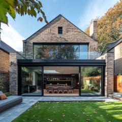 A modern two-story brick house with large floor-to-ceiling windows and a spacious open-plan interior. The view shows a green lawn with scattered autumn leaves, a cozy outdoor seating area on the left, and a tree with brown leaves hanging from above.