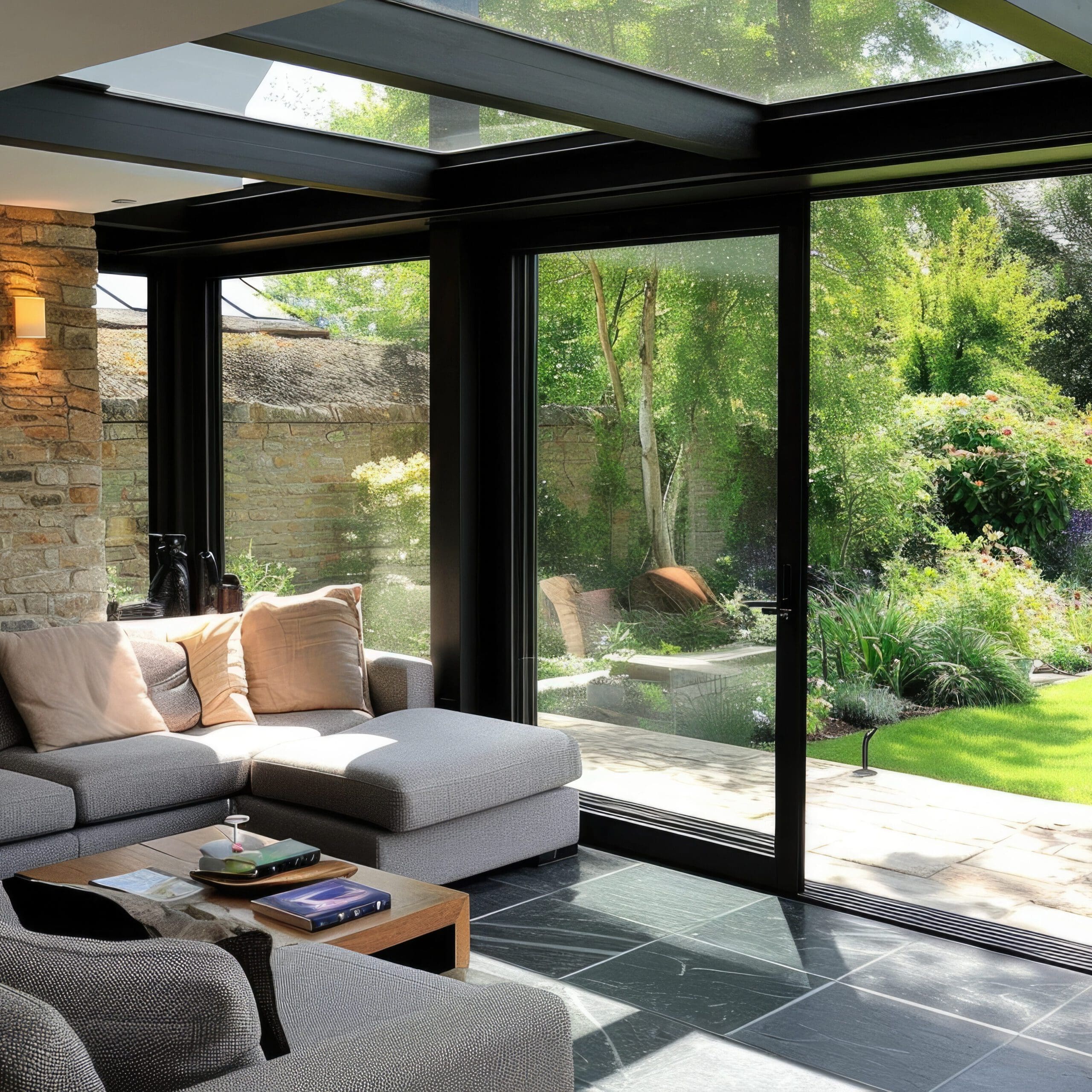 A modern living room with a corner sectional sofa adorned with light-colored cushions, a small wooden coffee table, and a lush garden visible through large floor-to-ceiling glass doors. The room features black-framed windows and doors, stone walls, and dark tile flooring.