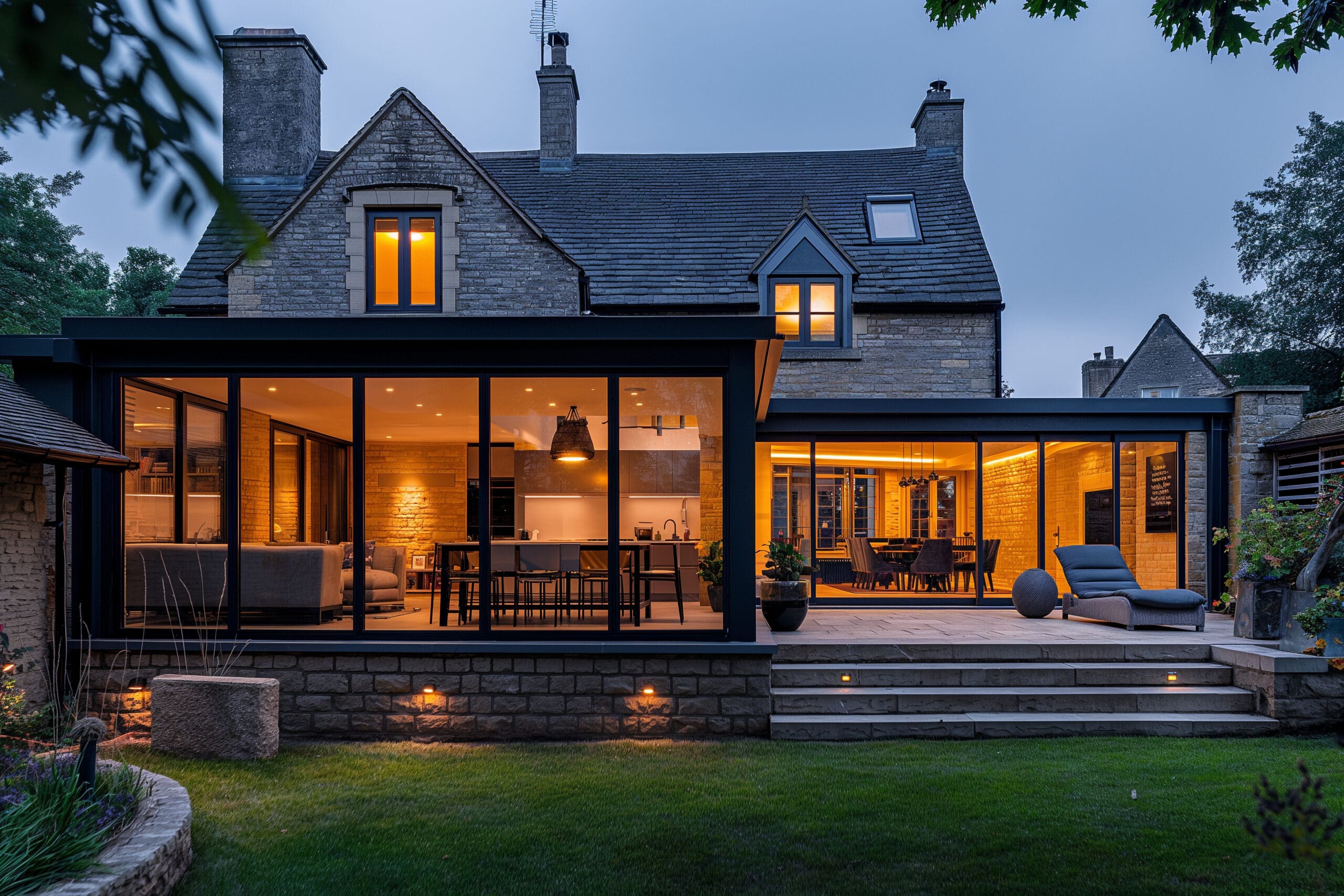 A modern house with a blend of traditional stone structure and contemporary glass extensions. Large windows reveal cozy, warmly lit interiors, merging indoor and outdoor spaces. The well-maintained lawn and patio areas enhance the home's tranquil atmosphere.