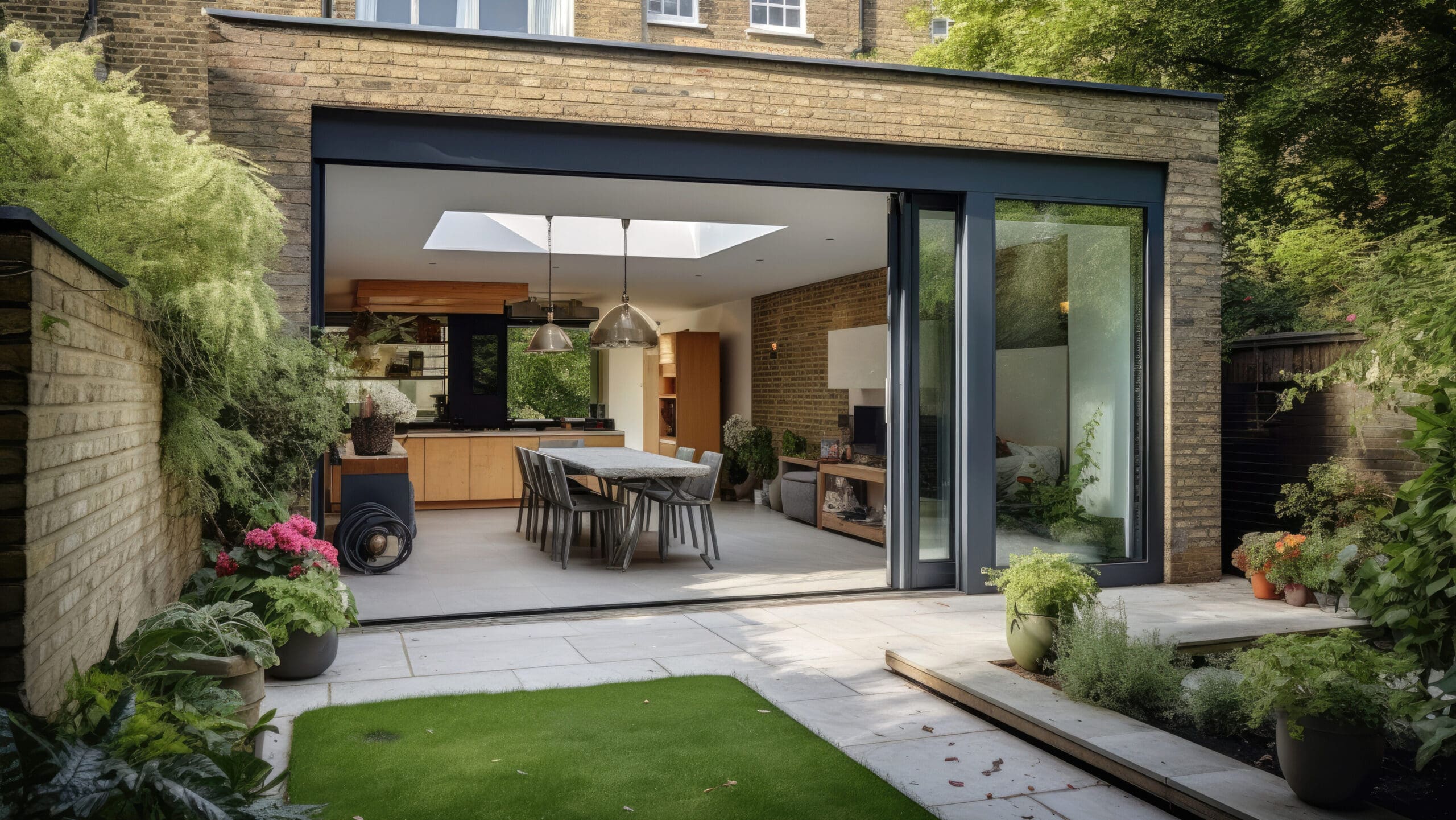 A modern home extension featuring a spacious open-plan kitchen and dining area with large glass sliding doors that open to a lush, green garden. The kitchen has a central island, modern appliances, and a skylight. The garden is filled with various plants and a manicured lawn.