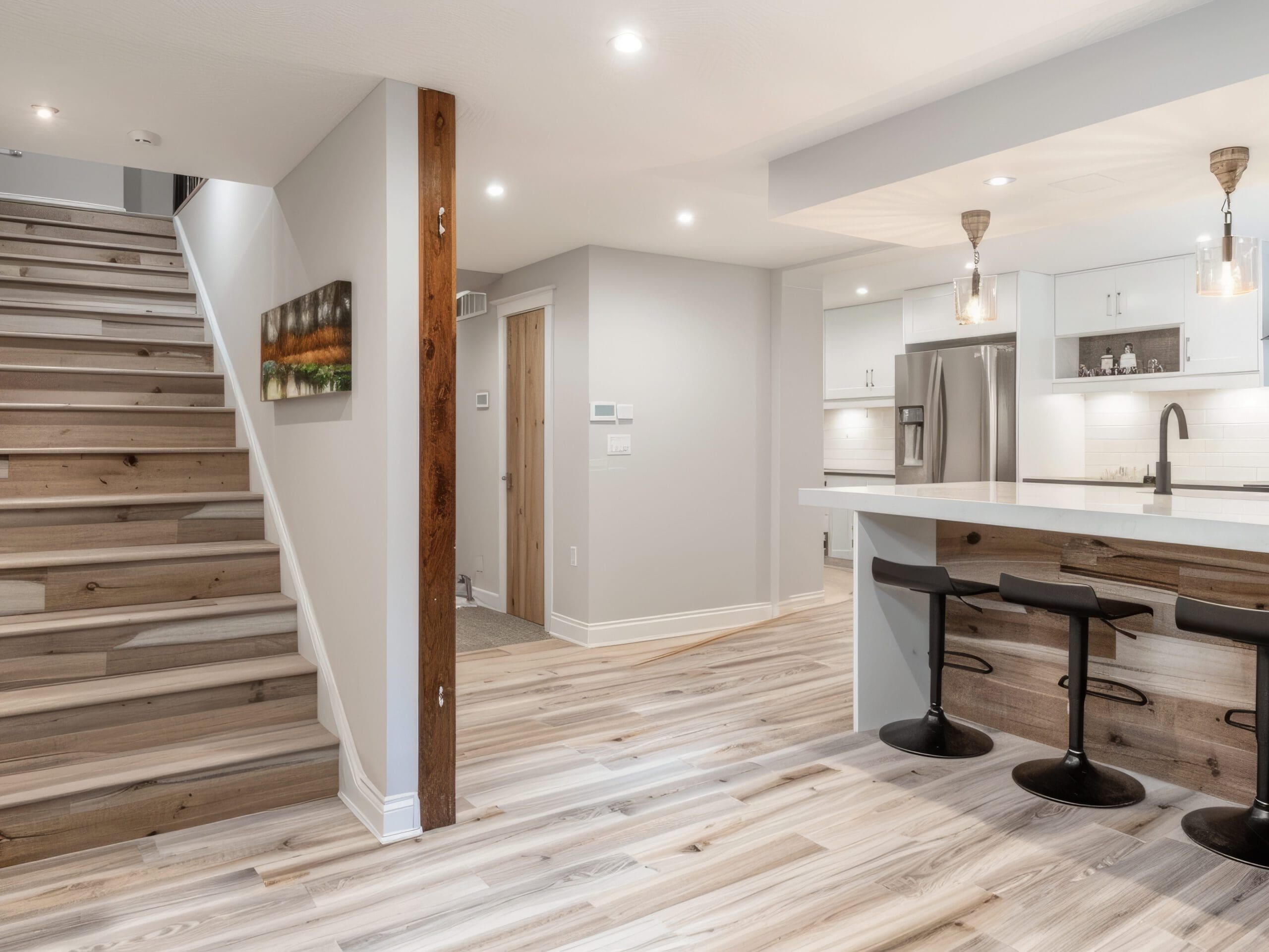 A modern basement with light wood flooring features a staircase with wooden steps on the left, leading up. To the right, there is a bar area with a white countertop, two black bar stools, and pendant lights. The space is well-lit with recessed ceiling lights.