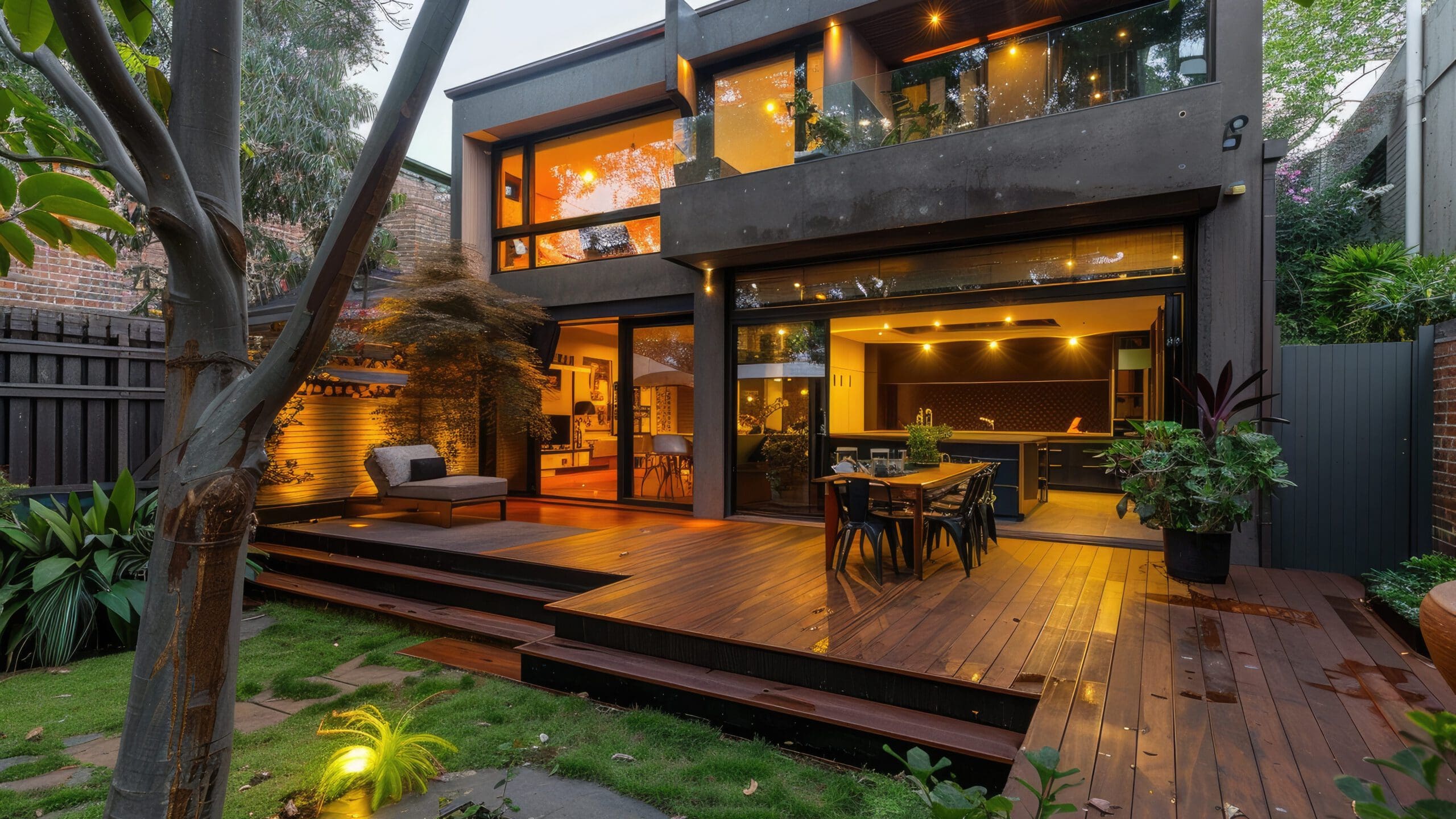 Modern two-story house with large glass windows and warm interior lights. The outdoor area features a wooden deck with a dining table, surrounded by lush greenery and a well-maintained lawn. Trees and plants frame the cozy outdoor space.