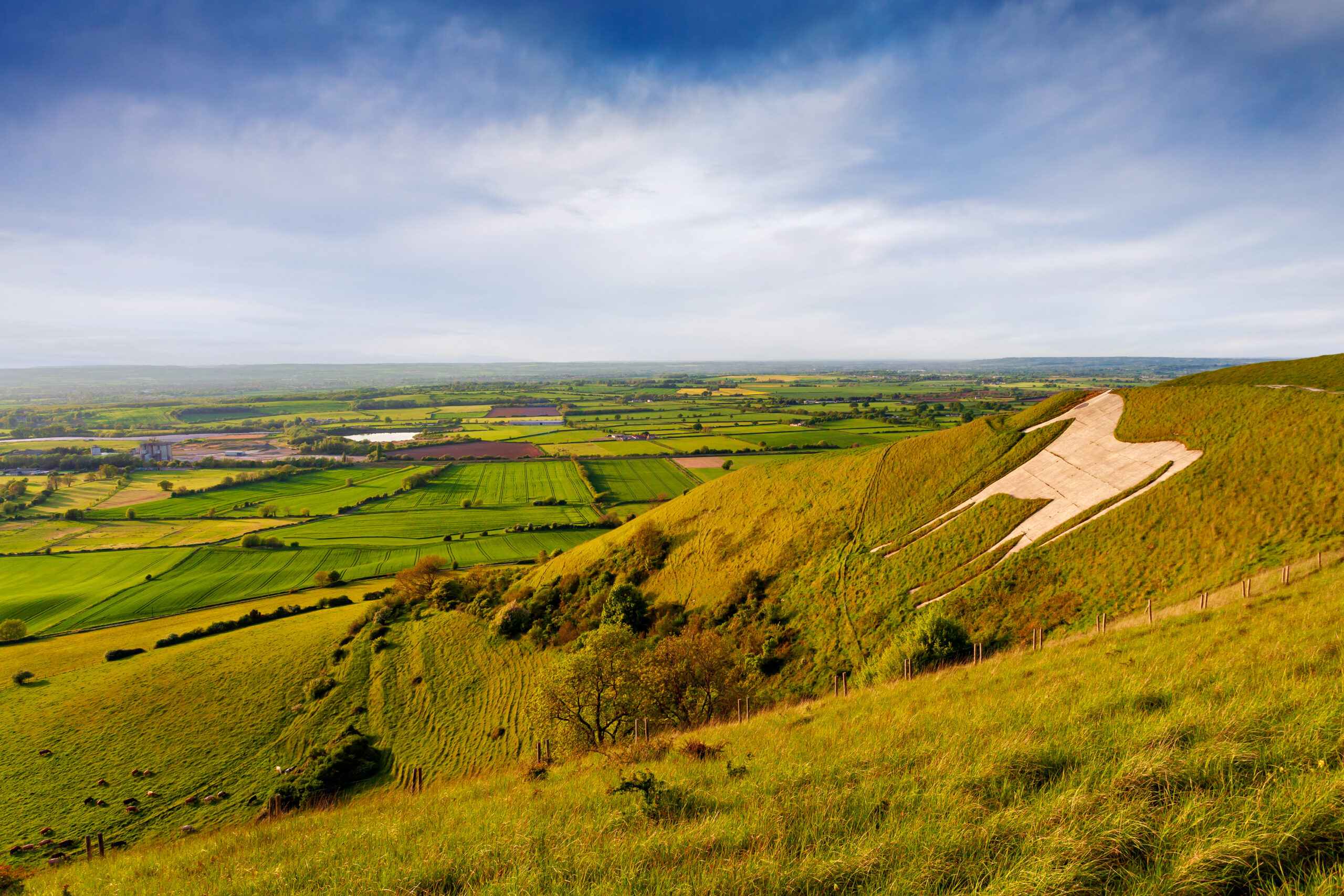 A large chalk figure of a man is carved into a green hillside, overlooking a patchwork of fields and farmland under a partly cloudy sky. The landscape stretches into the distance.